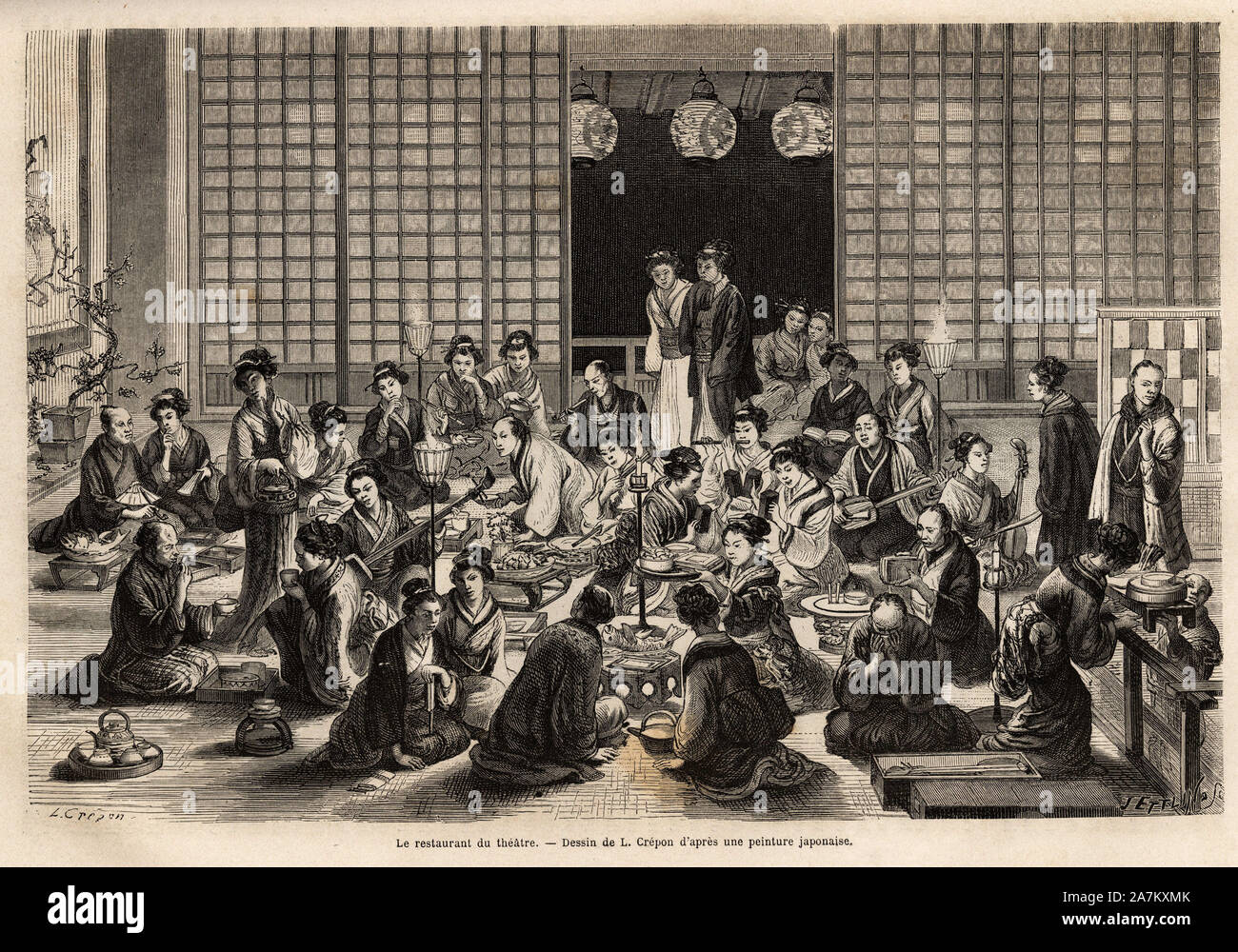 La salle du restaurant du theatre de Yokohama, rempli en permanence, meme pendant la representation. Gravure pour illustrer le voyage au Japon, par Ai Stock Photo