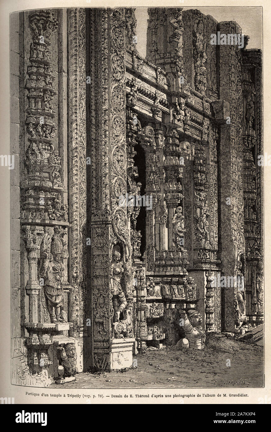 Le portique sculpte d'un temple a Tripetty ( ou Tirupati, dans l'Andhra Pradesh), un important lieu de pelerinage hindou .Gravure pour illustrer le vo Stock Photo