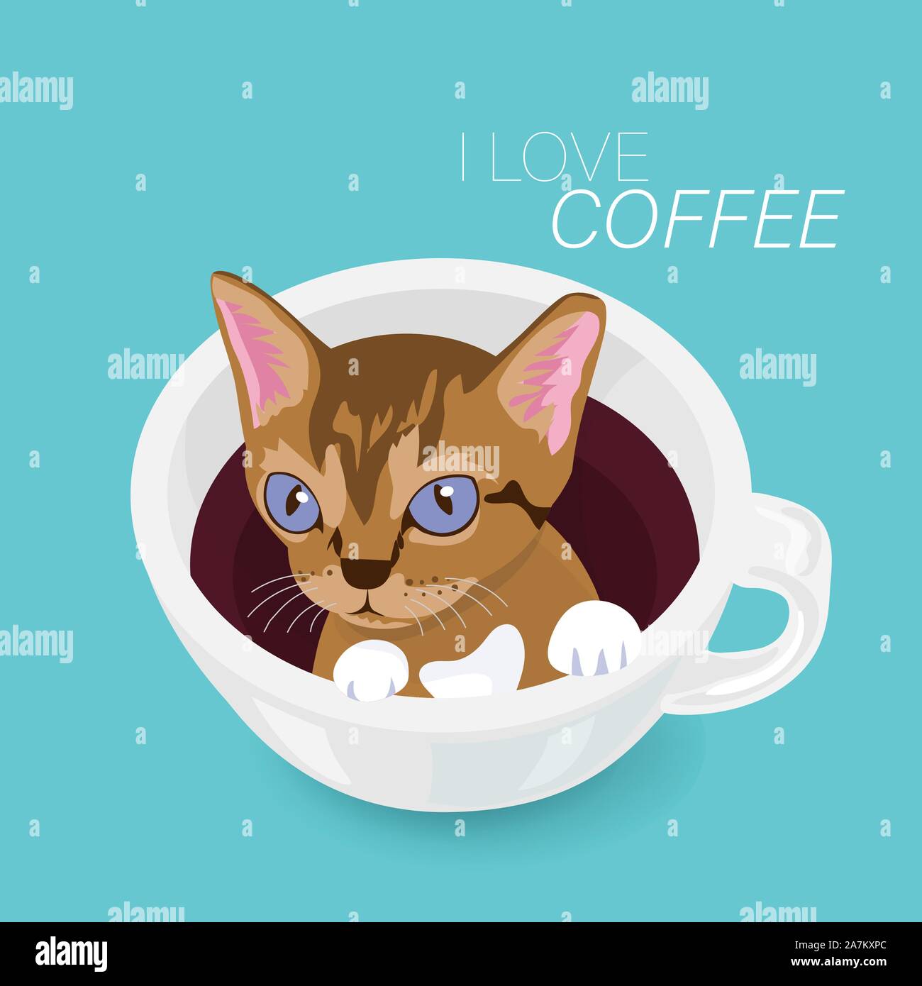 Cute kitten in coffee cup with text on green background. vector ...