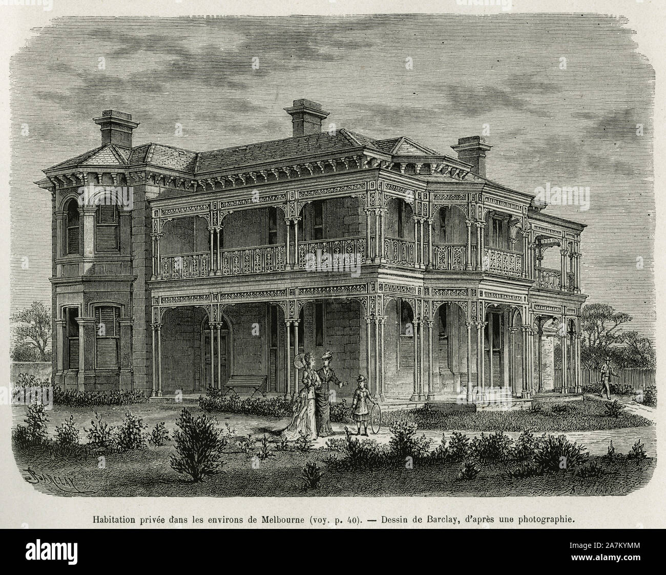 Une habitation privee dans les environs de Melbourne, gravure de Barclay, pour illustrer le recit six mois en Australie, par Desire Charnay, charge de Stock Photo