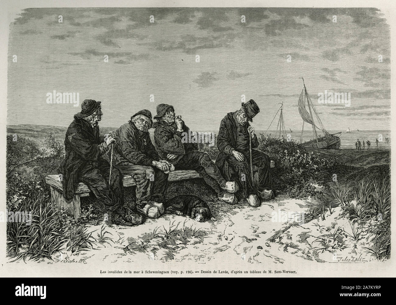 Les invalides de la mer a Schevningen( Pays Bas), gravure d'apres un dessin de Lavee, pour illustrer le recit la Neerlande, par Charles de Coster, en Stock Photo