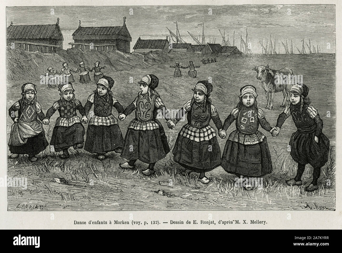 Danses d'enfants a Marken ( Pays Bas), gravure d'apres un dessin de E.Ronjat, pour illustrer le recit la Neerlande, par Charles de Coster, en 1878, pu Stock Photo