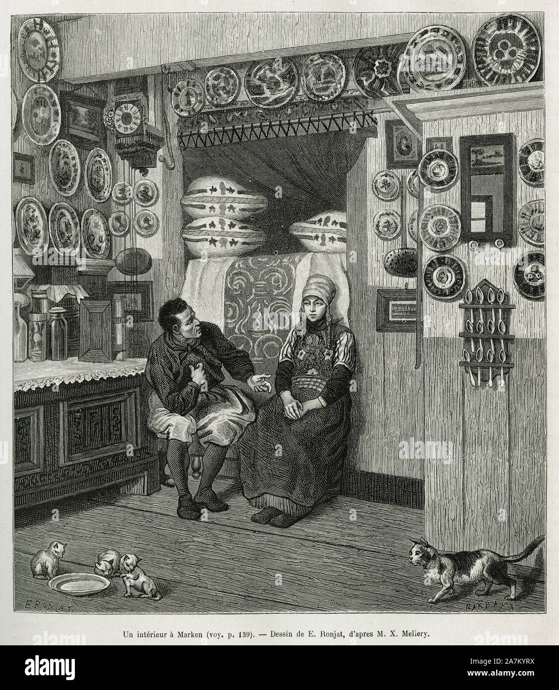 Un interieur a Marken ( Pays Bas), gravure d'apres un dessin de E.Ronjat, pour illustrer le recit la Neerlande, par Charles de Coster, en 1878, publie Stock Photo