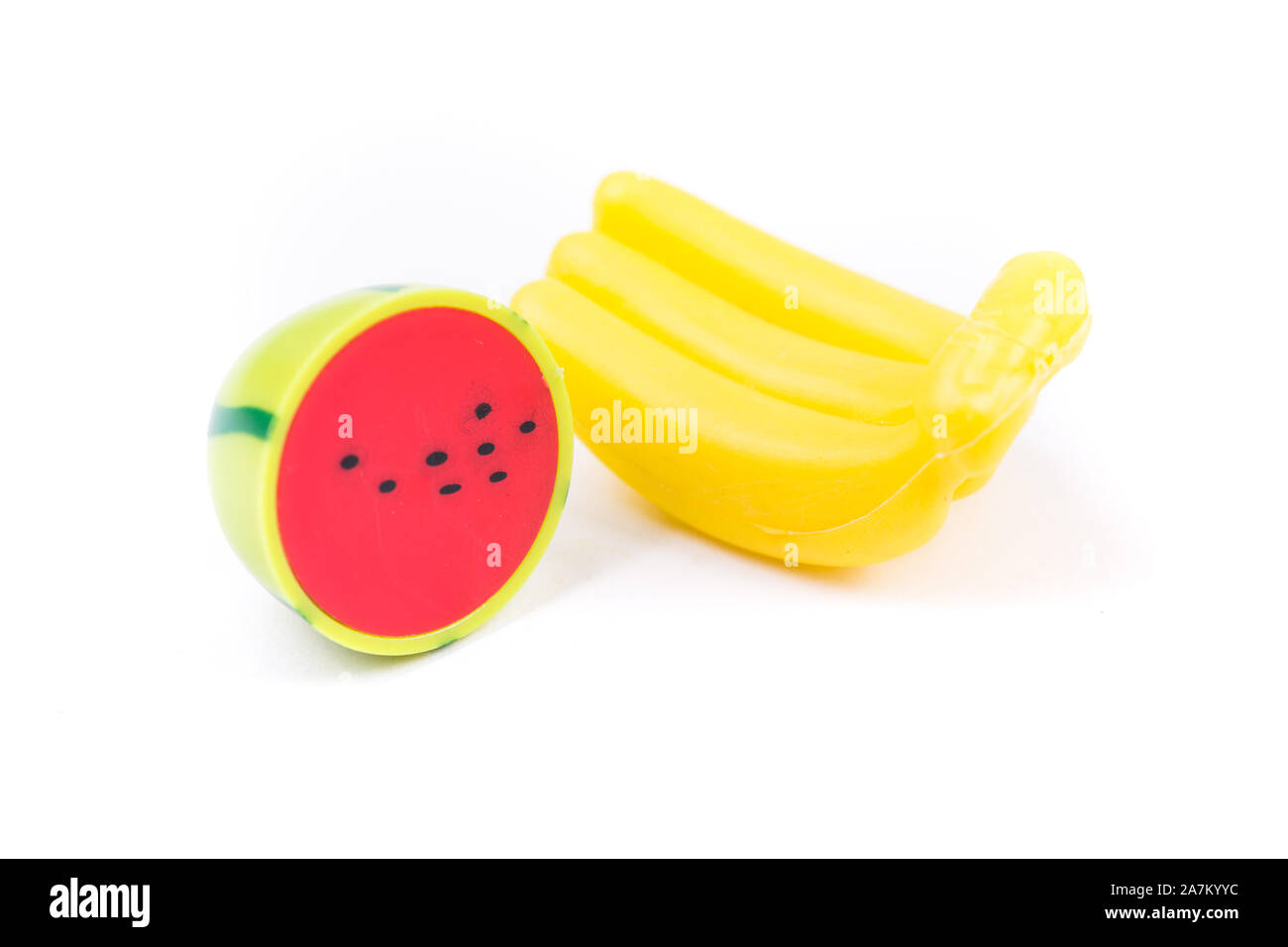 Childs toy plastic food molded 1/6th scale watermelon and bananas Stock  Photo - Alamy