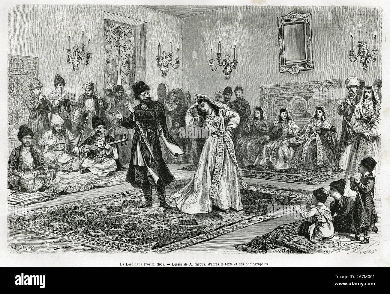 La lesdingha, danse du Caucase et de Russie, quadrille execute tour a tour par les couples presents, gravure d'apres un dessin de A.Sirouy, pour illus Stock Photo