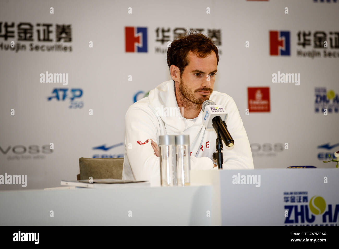 The three-time Grand Slam champion and a former world no. 1 Andy Murray attends the press conferene after winning the first round of Men's Single agai Stock Photo