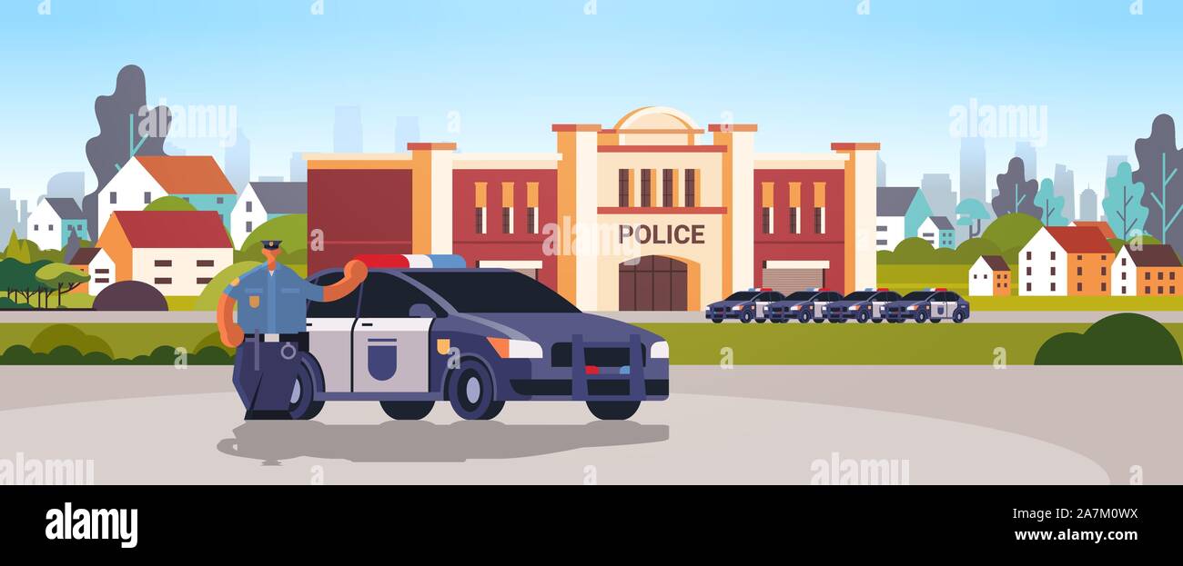 city police station department building with police cars security authority justice law service concept flat horizontal vector illustration Stock Vector