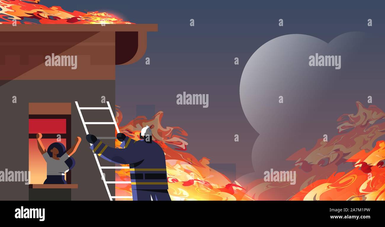 brave fireman climbing ladder firefighter rescuing woman in burning house firefighting emergency service extinguishing fire concept orange flame background flat portrait horizontal vector illustration Stock Vector