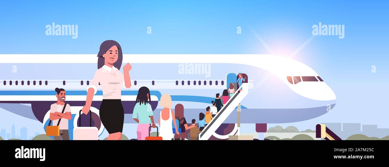 woman with luggage standing line queue of people travelers going to plane rear view passengers climb the ladder to board aircraft boarding travel concept flat horizontal vector illustration Stock Vector