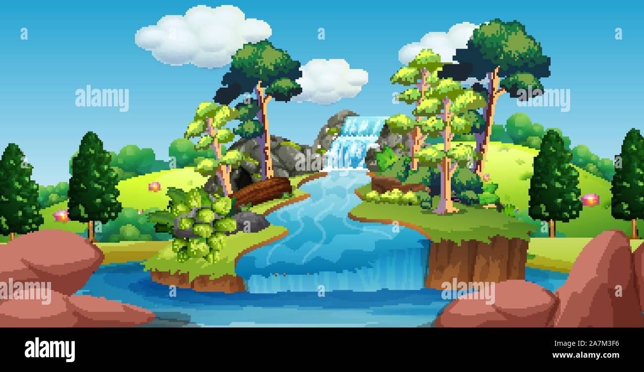 Background Scene Of Waterfall With Trees Around Illustration Stock 