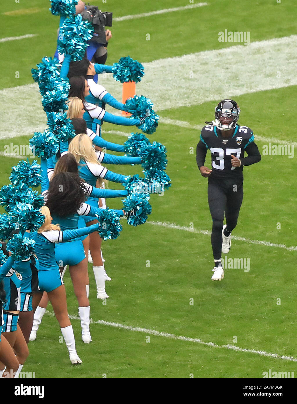 Jacksonville Jaguars' Tre Herndon is introduced to the crowd prior to the NFL International Series match at Wembley Stadium, London. Stock Photo