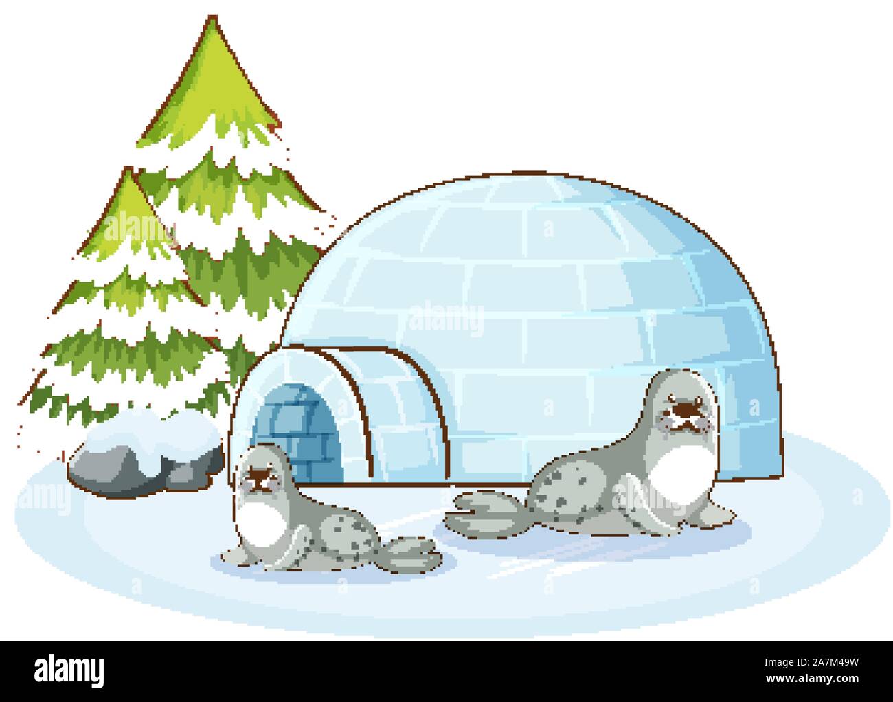 Seals and igloo in winter illustration Stock Vector