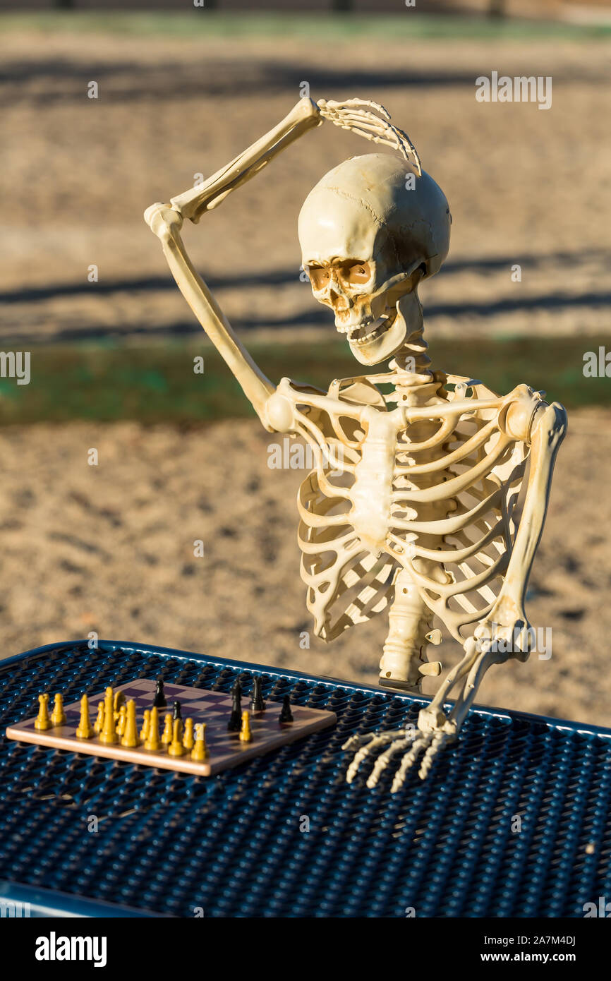 Skeleton scratches head trying to figure out next chess move Stock Photo -  Alamy