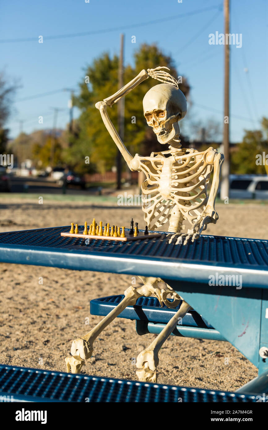 Skeleton scratches head trying to figure out next chess move Stock Photo -  Alamy