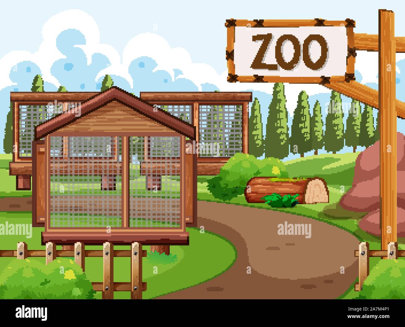 Background scene of zoo park with many cages illustration Stock Vector