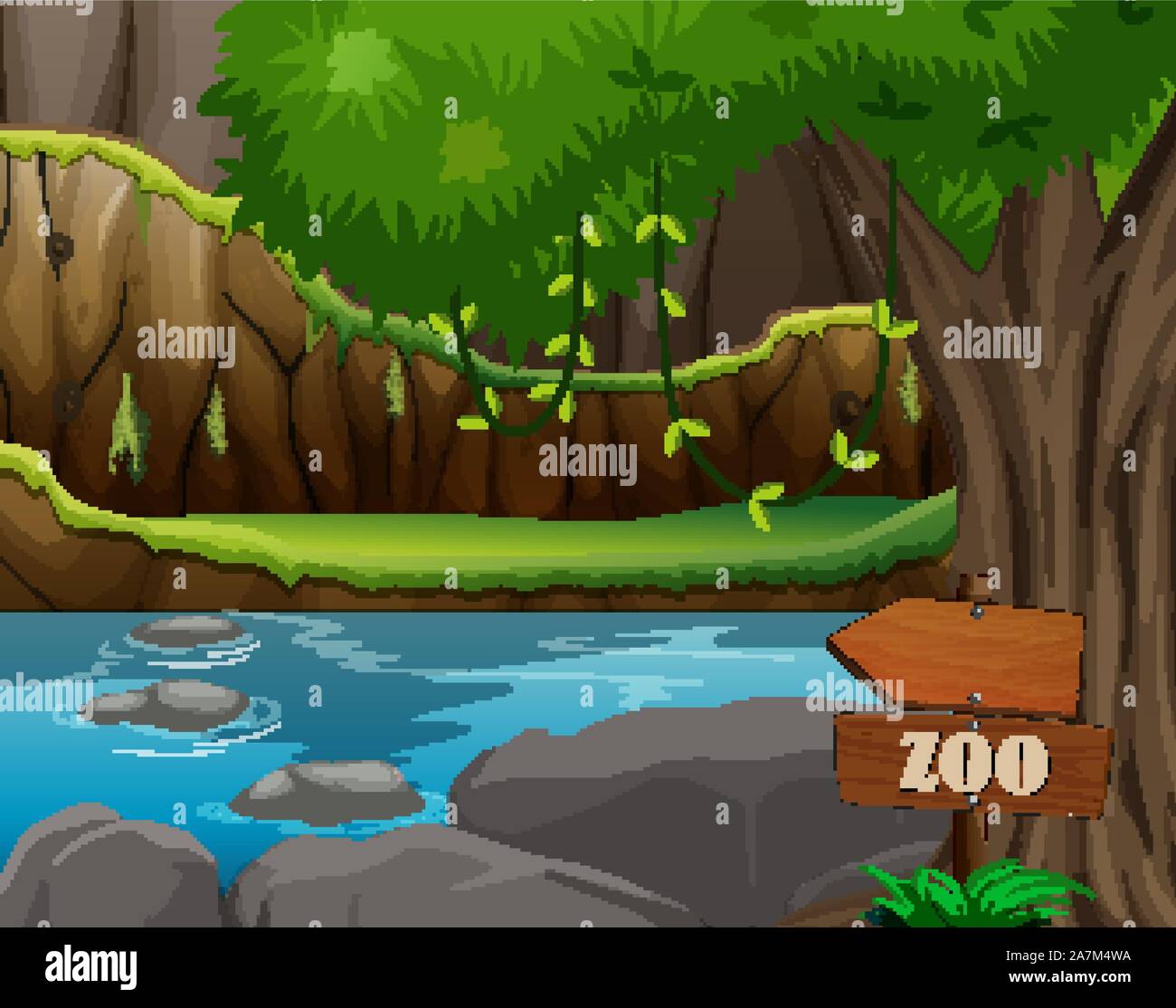 Background scene of zoo park with pond and tree illustration Stock ...