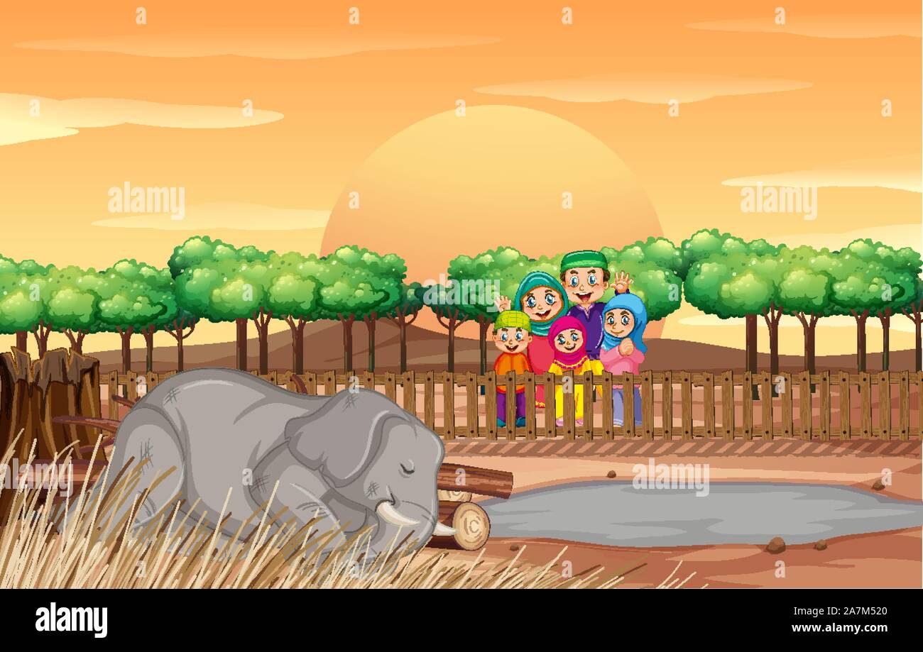 Scene with people and elephant at the zoo illustration Stock Vector ...