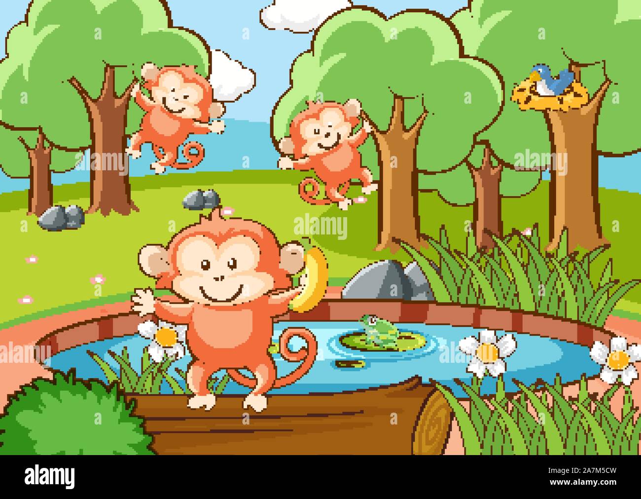 Scene with monkeys in forest illustration Stock Vector Image & Art - Alamy