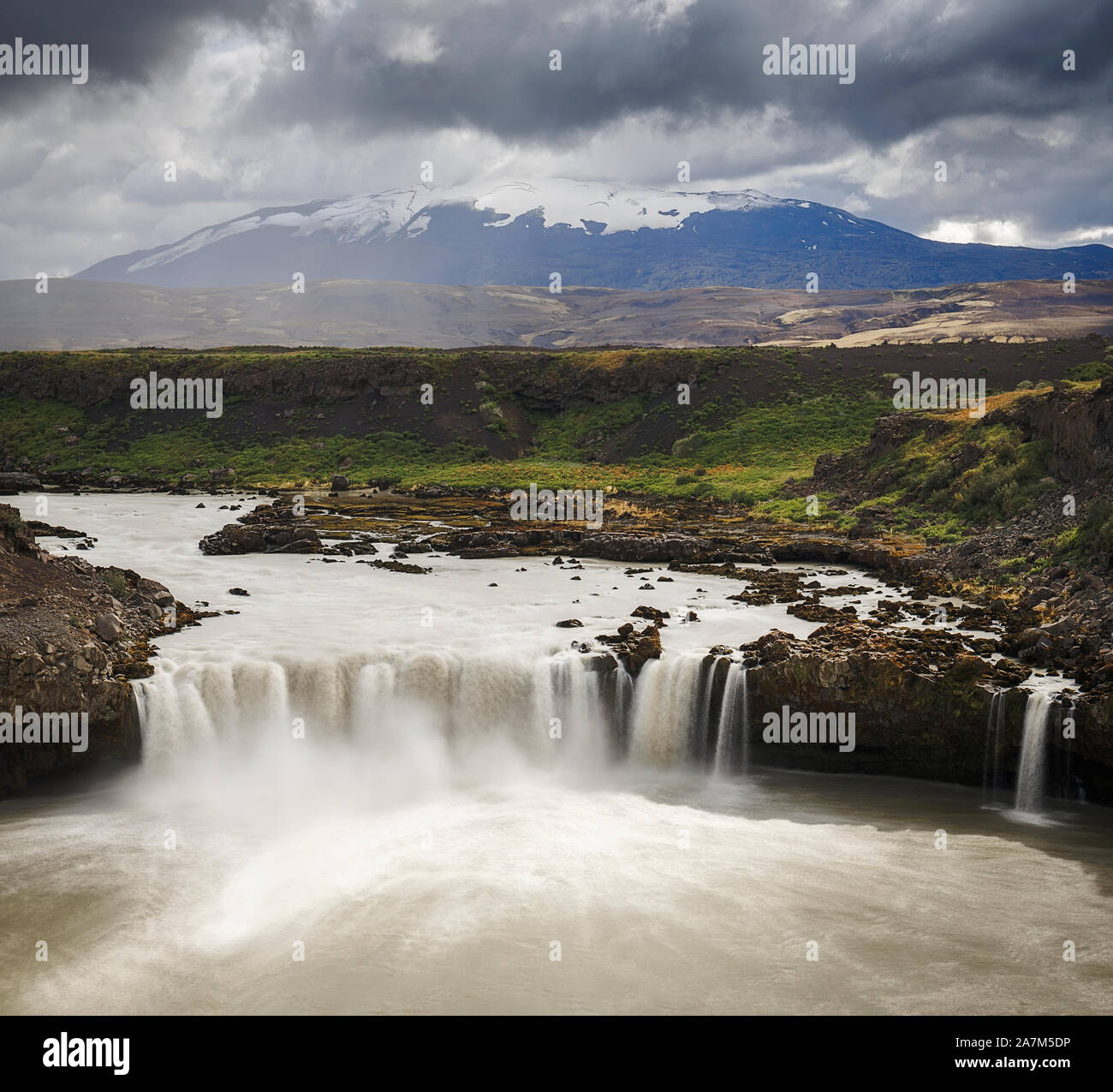 Thjofafoss Waterfall with Hekla Volcano on Top, a Hidden Gem in Iceland Stock Photo