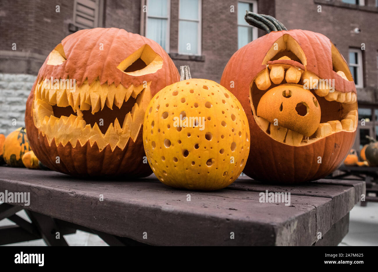 Halloween monsters are carved out in pumpkins..funny guys.. Stock Photo