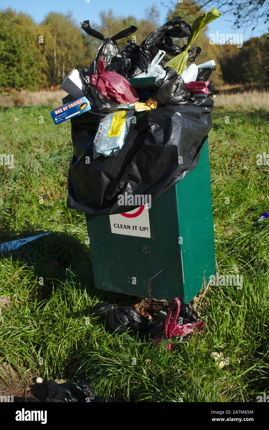 Overflowing Dog waste bin. South Staffordshire Stock Photo