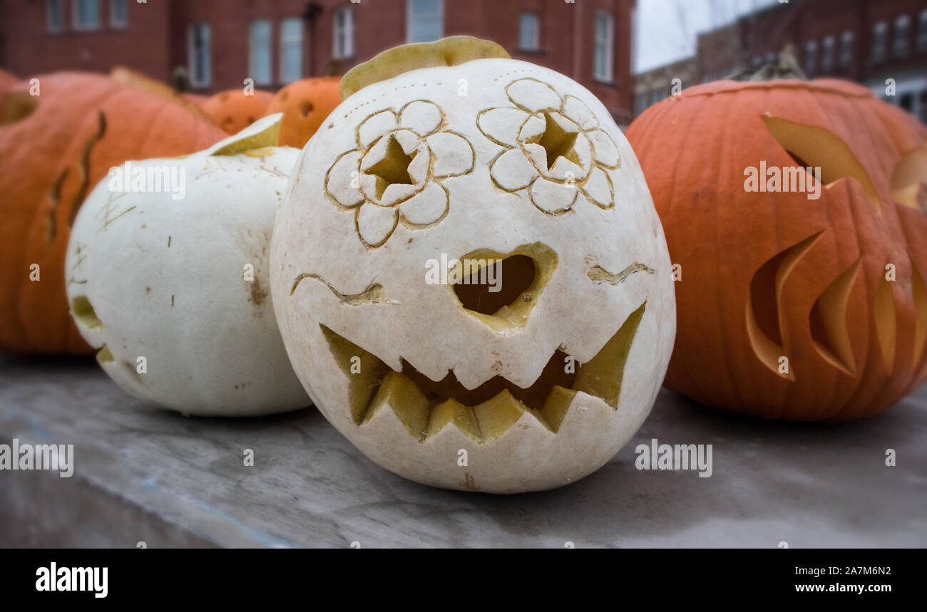 Halloween monsters are carved out in pumpkins.. Stock Photo