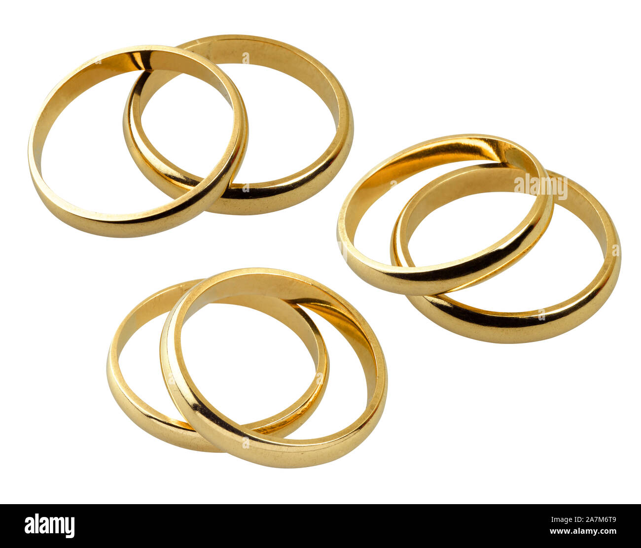 Three position of a pair of Old wedding rings isolated on white with