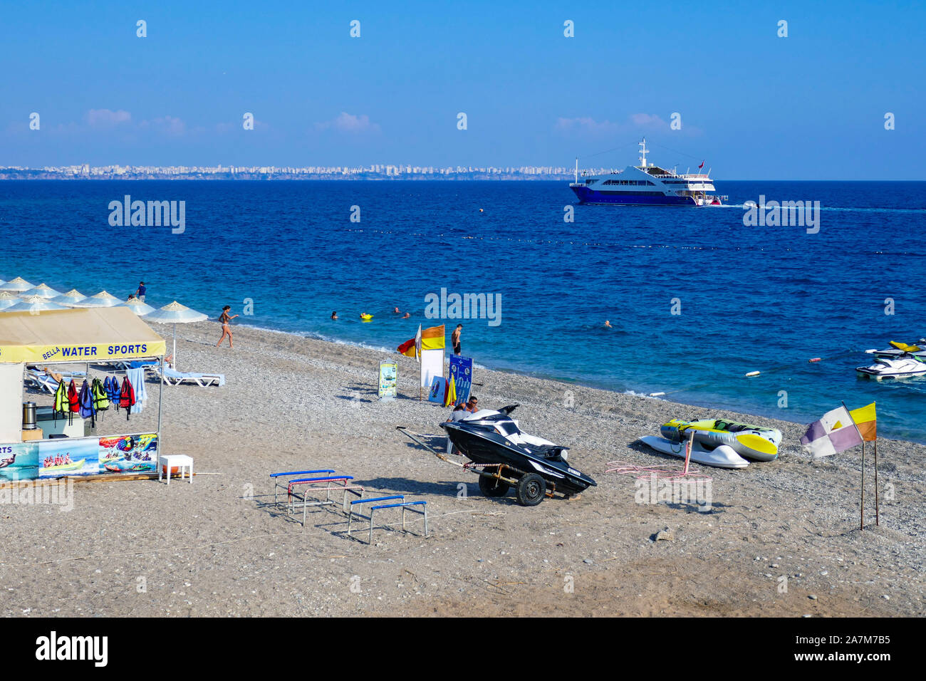 Tourist boat at Antalya, Konyaalti, Turkish holiday destination, Turkey, Turquoise Coast, Mediterranean Sea, Stock Photo
