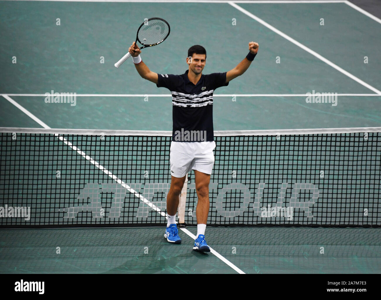 Paris, France. 03rd Nov, 2019. Paris Rolex Paris Masters FInal 031119 Novak Djokovic (SRB) celebrates as he wins Final against Denis Shpovalov (CAN) Credit: Roger Parker/Alamy Live News Stock Photo