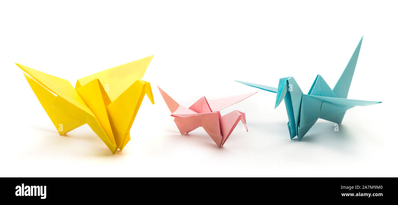 Origami birds family on white background. Japanese folded paper swan Stock Photo