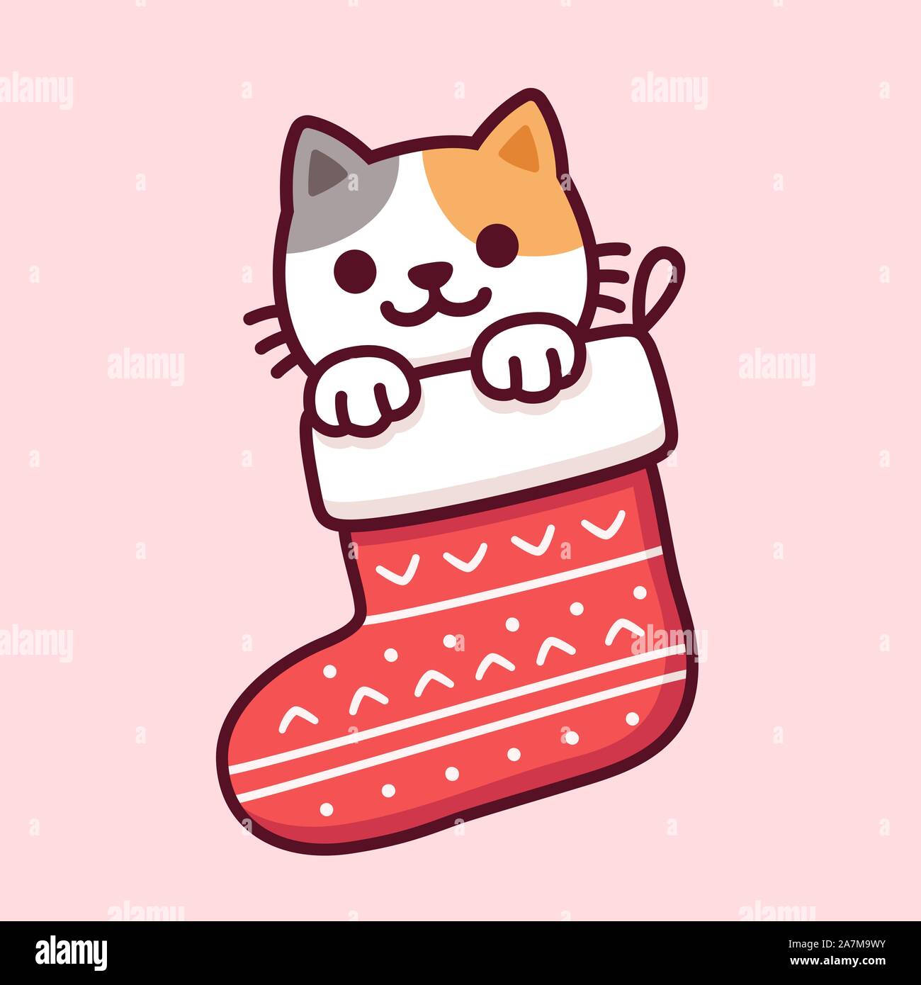 Cute cartoon cat in Christmas stocking. Merry Christmas greeting card with  kawaii kitten drawing in a red sock. Vector clip art illustration Stock  Vector Image & Art - Alamy