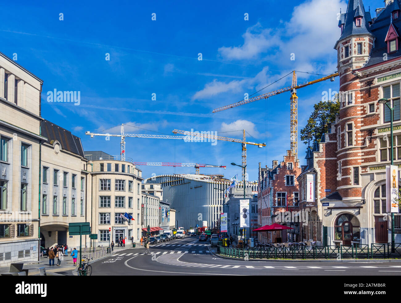 View down Rue Ravenstein towards new city centre construction project, Brussels, Belgium. Stock Photo