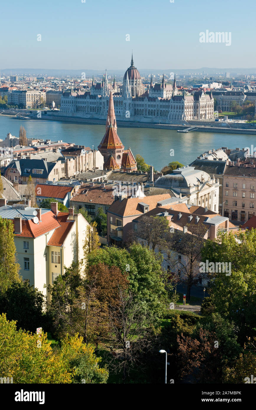 View from Budapest Castle Hill across the River danube to the Parliament Building Stock Photo
