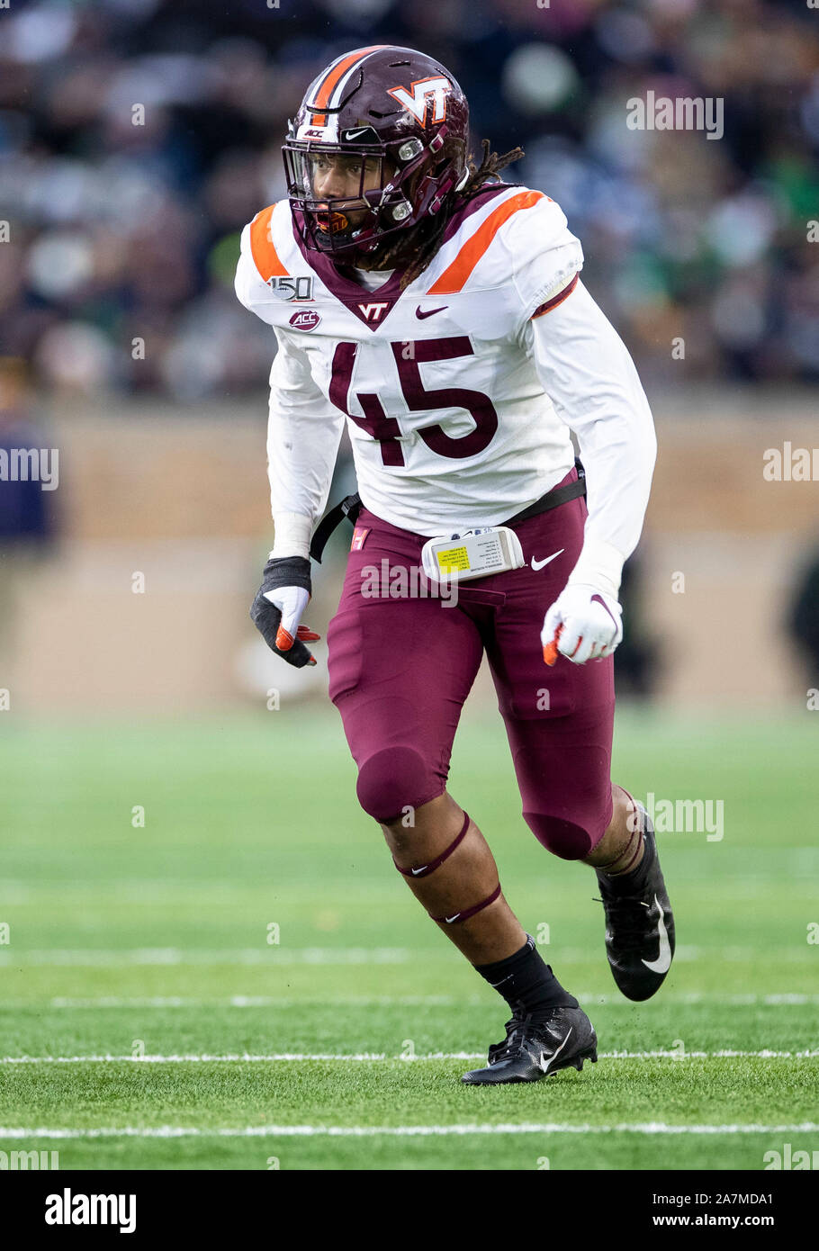 November 02, 2019: Virginia Tech defensive lineman TyJuan Garbutt (45)  during NCAA football game action between the Virginia Tech Hokies and the  Notre Dame Fighting Irish at Notre Dame Stadium in South