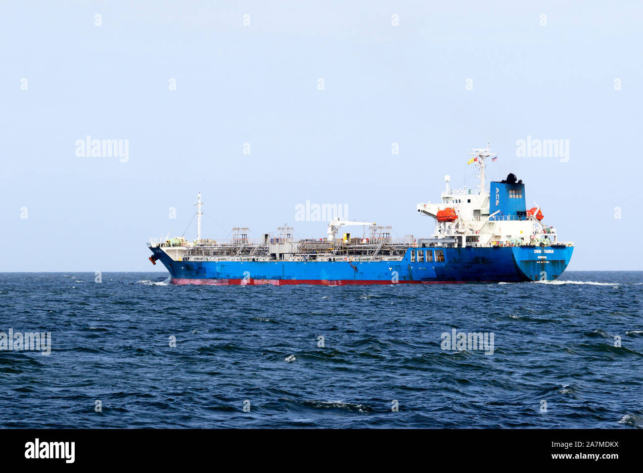 The Chem Taurus tanker. An oil/chemical tanker plying the Delaware Bay towards the Port of Philadelphia, PA, USA Stock Photo