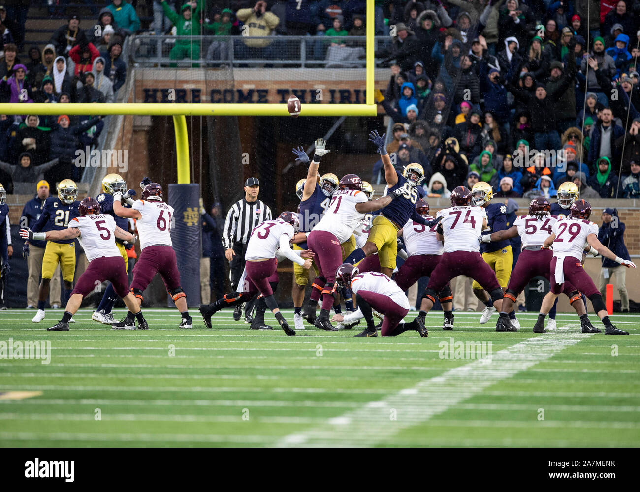 November 02, 2019: Virginia Tech kicker Brian Johnson (93) kicks field goal during NCAA football game action between the Virginia Tech Hokies and the Notre Dame Fighting Irish at Notre Dame Stadium in South Bend, Indiana. Notre Dame defeated Virginia Tech 21-20. John Mersits/CSM. Stock Photo