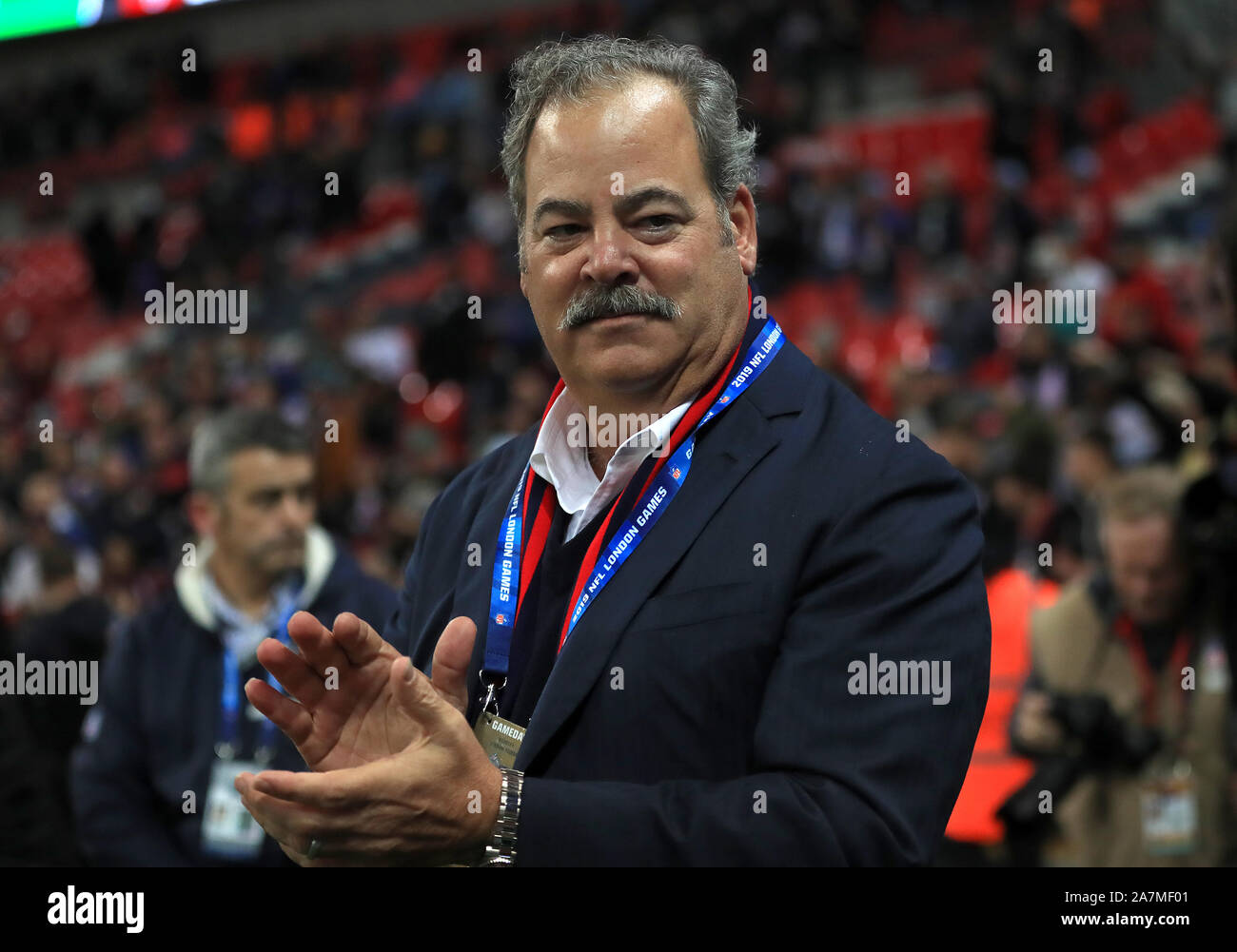 Houston Texans CEO and Chairman D. Cal McNair applauds his team after the NFL International Series match at Wembley Stadium, London. Stock Photo