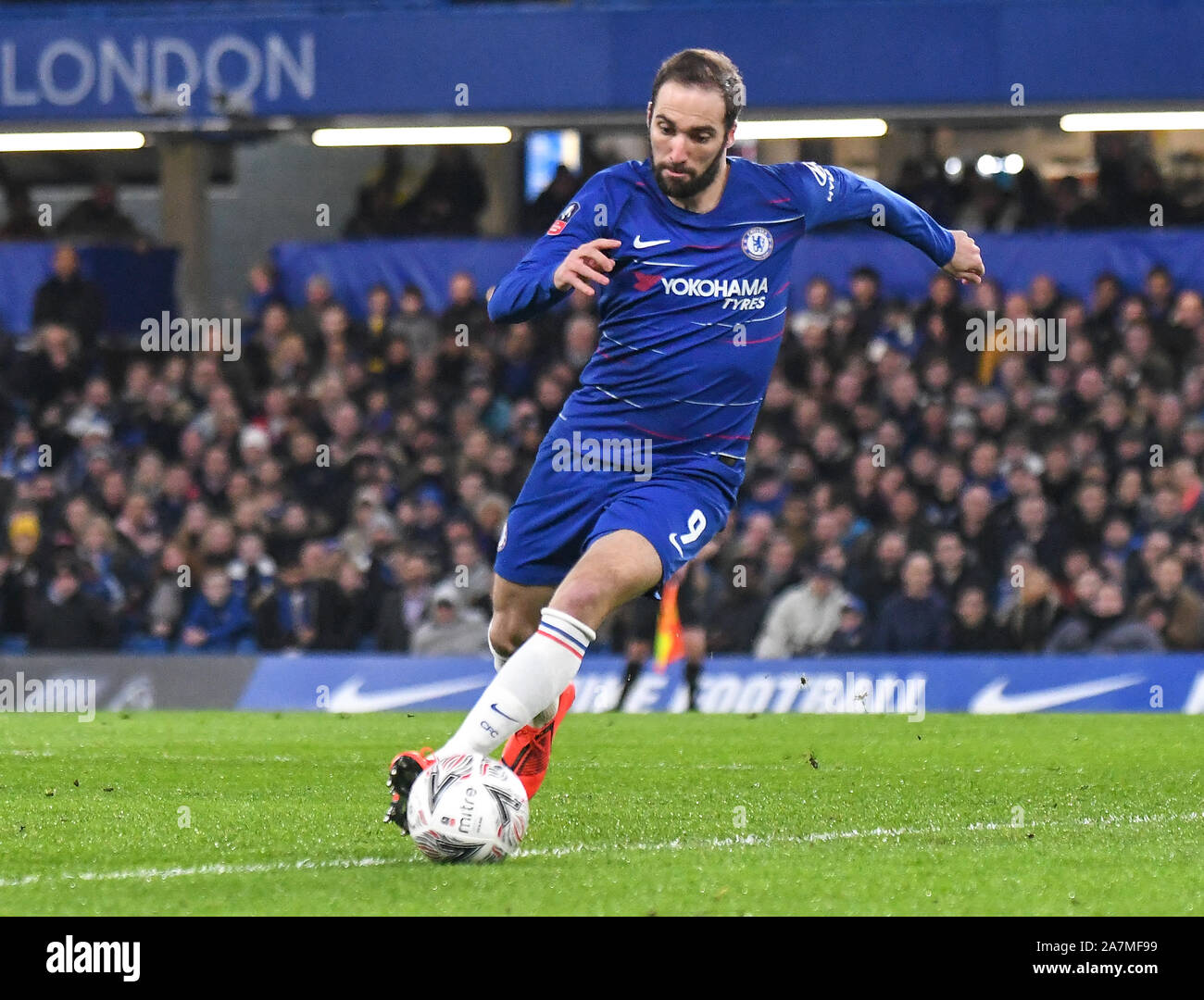 LONDON, ENGLAND - FEBRUARY 18, 2019: Gonzalo Higuain of Chelsea pictured during the 2018/19 FA Cup Fifth Round game between Chelsea FC and Manchester United at Stamford Bridge. Stock Photo