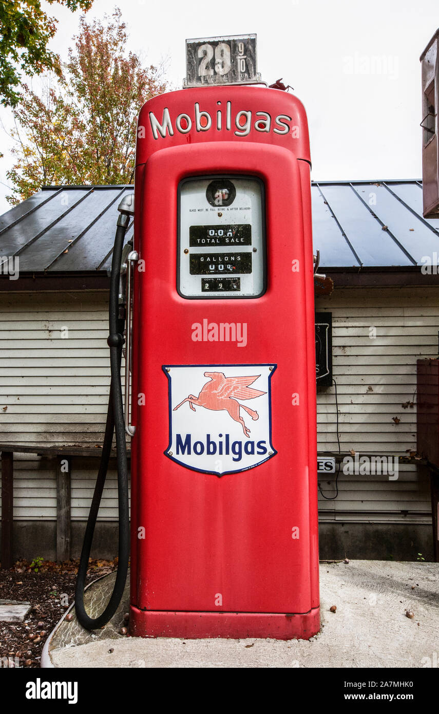 Close up vintage red Mobil gasoline pump, New Hampshire, New England, USA, vintage gas pump Stock Photo