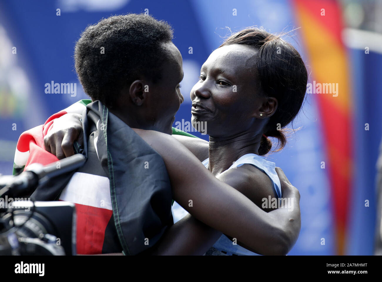New York, United States. 03rd Nov, 2019. Joyciline Jepkosgei of Kenya hugs 2nd place finisher Mary Keitany after winning the Women's 2019 NYRR TCS New York City Marathon in New York City on Sunday, November 3, 2019. Over 50,000 runners from New York City and around the world will race through the five boroughs on a course that winds its way from the Verrazano Bridge before crossing the finish line by Tavern on the Green in Central Park. Photo by John Angelillo/UPI Credit: UPI/Alamy Live News Stock Photo