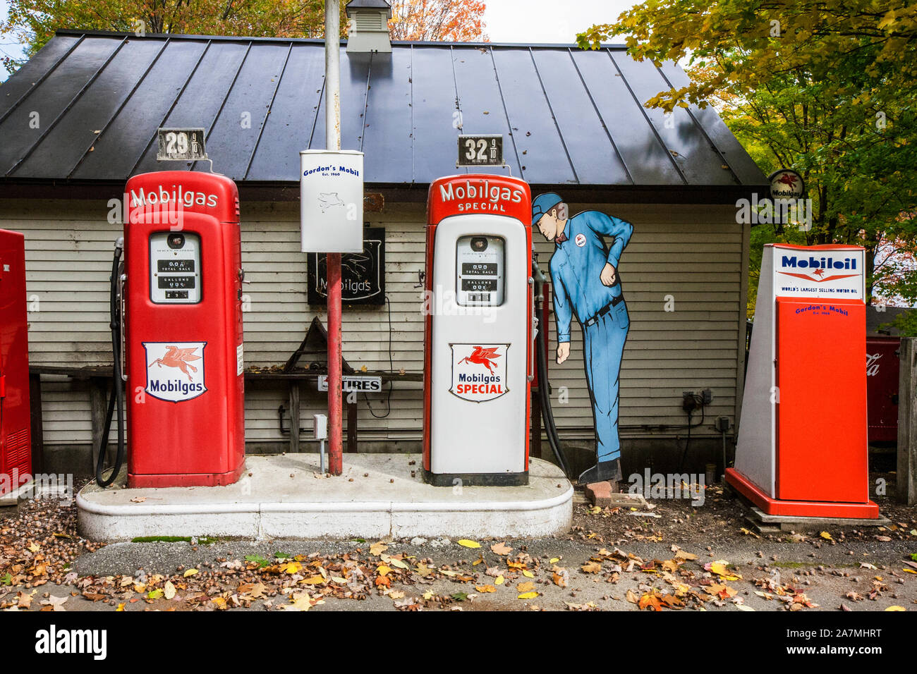 Vintage Mobil gas pumps, New Hampshire, New England, USA, US, gas