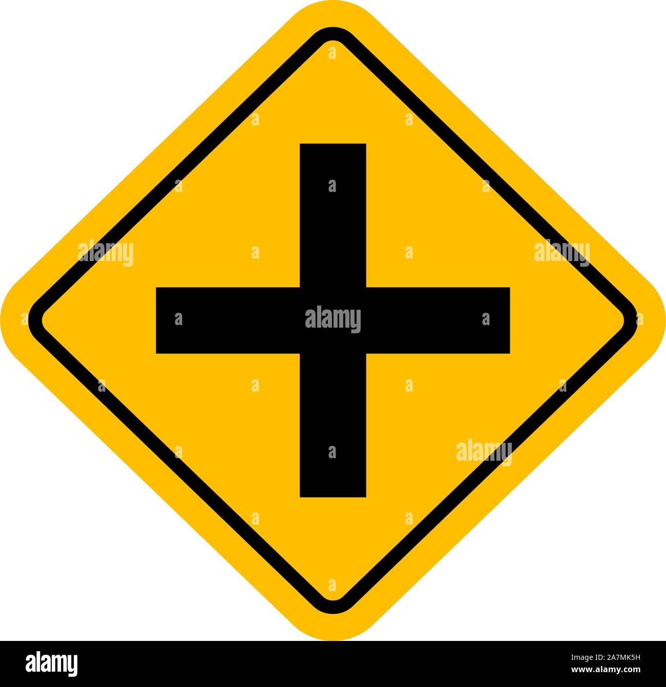 Crossroads ahead - traffic warning sign vector illustration. Yellow diamond board. Stock Vector