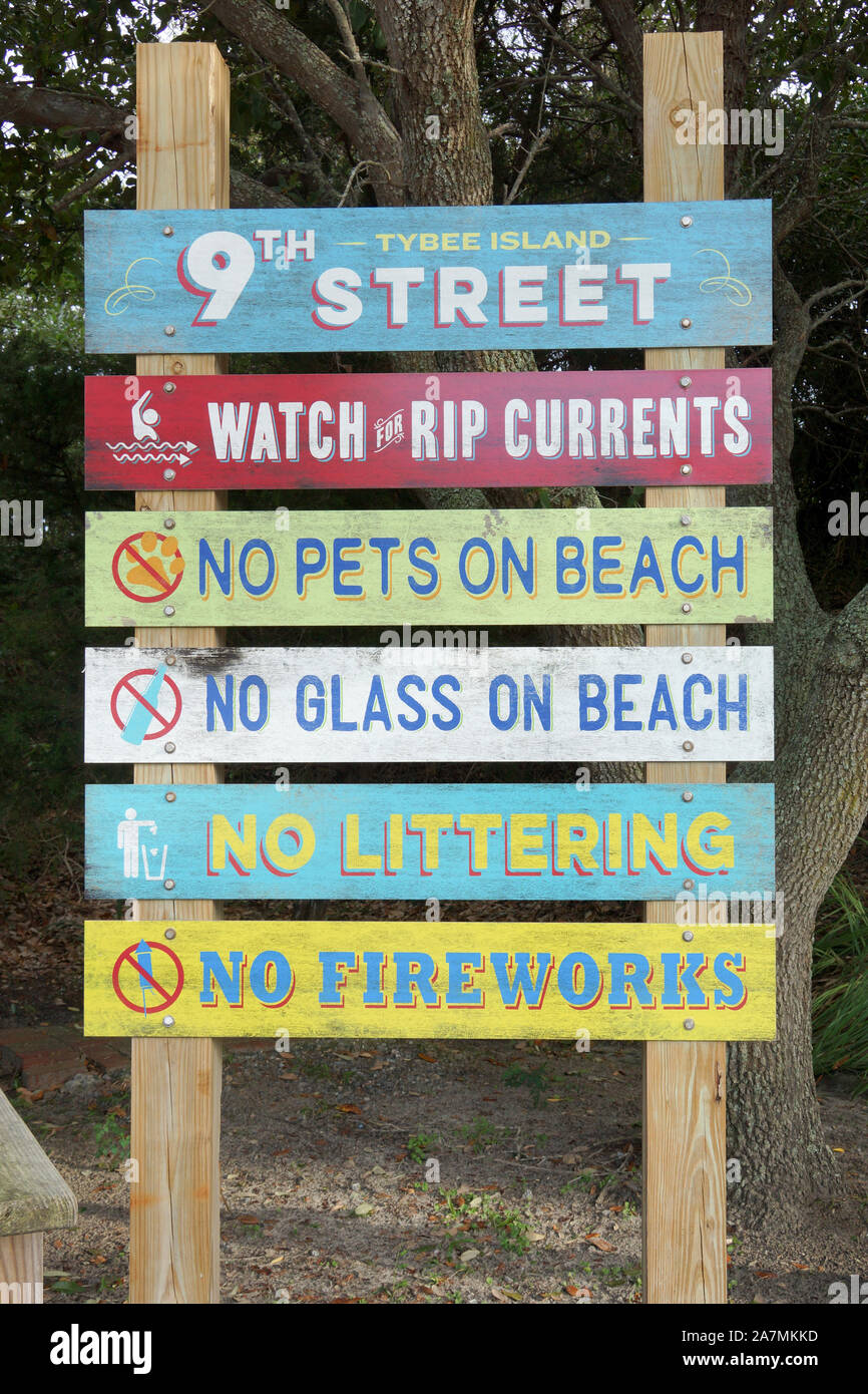 Signage at a the beach of Tybee Island, outlining rules Stock