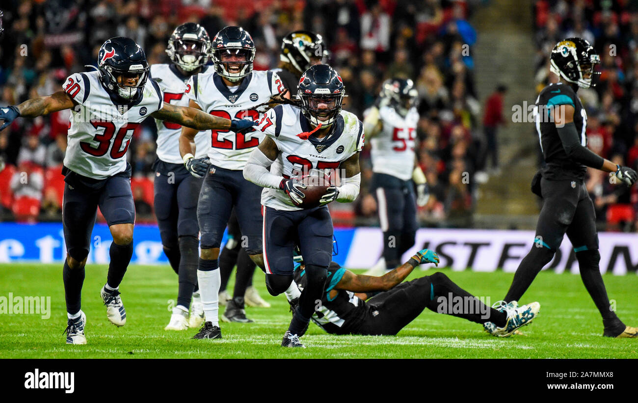 London, UK. 3 November 2019. Texans Safety, Jahleel Addae (37) celebrates  making an interception during the second half of the NFL match Houston  Texans v Jacksonsville Jaguars at Wembley Stadium, game 4