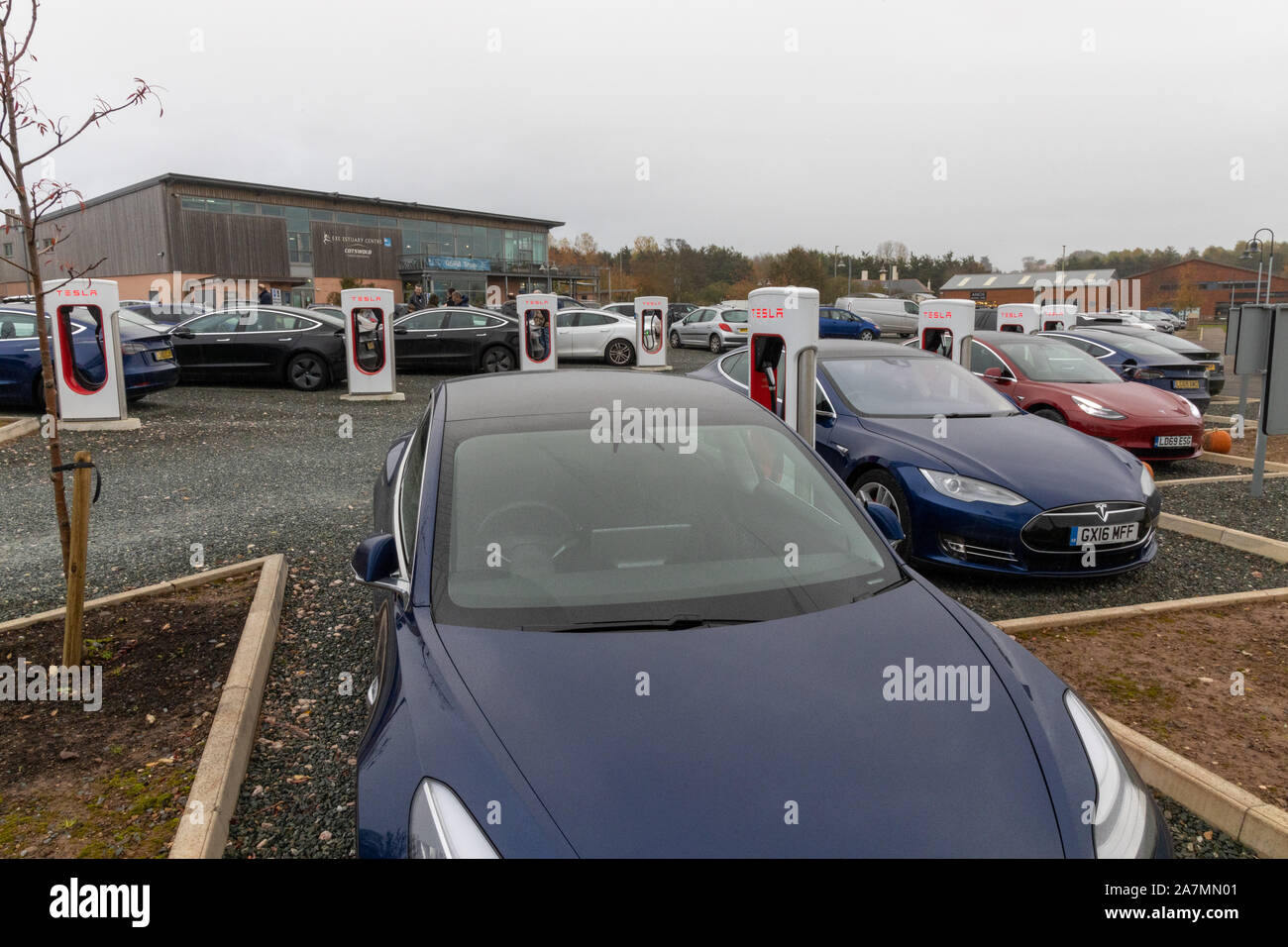 Tesla Cars charging at Darts Farm Superchargers, Exeter, Devon Stock Photo