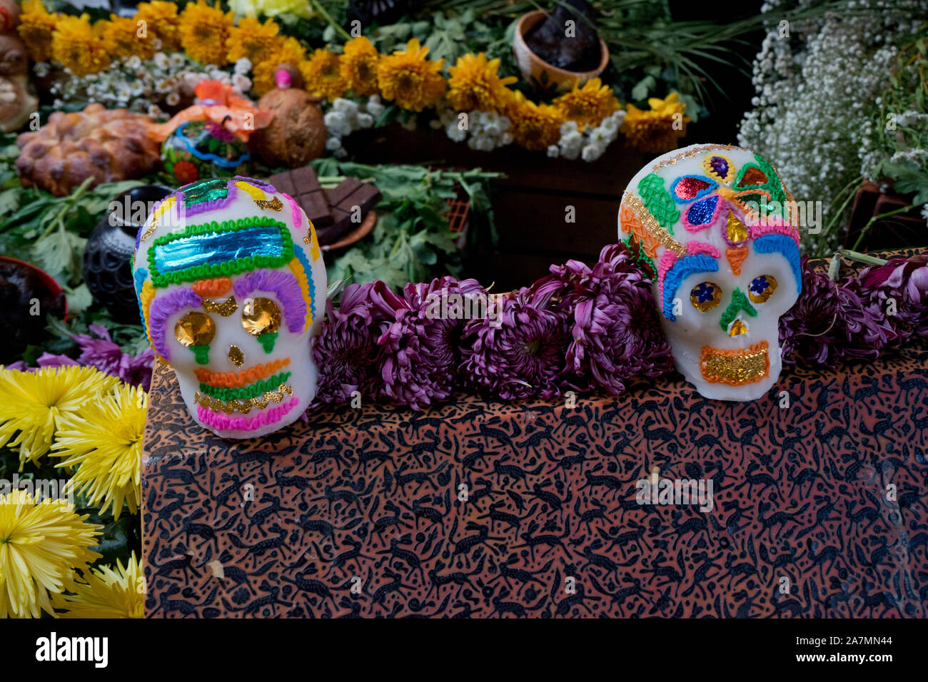 Traditional Day of the Dead (Dia de los Muertos) altar and banners in a ...