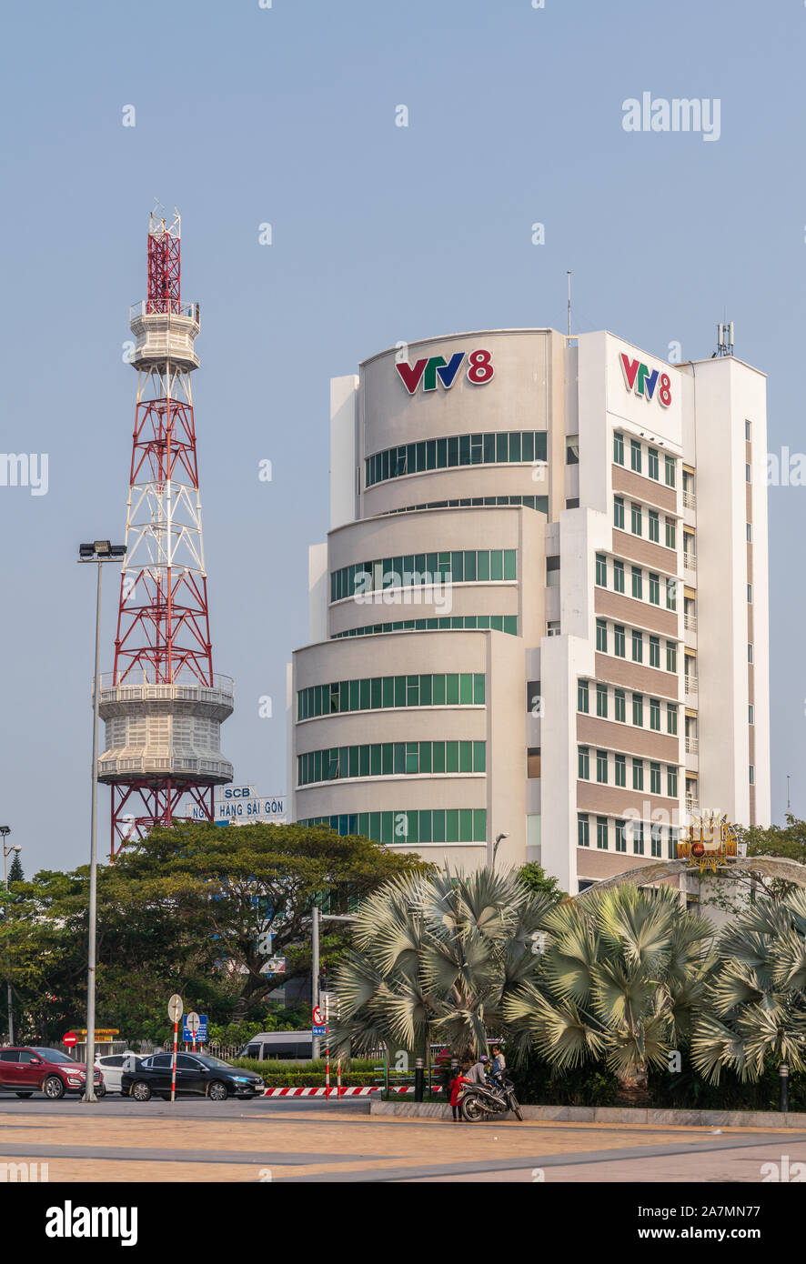 Da Nang, Vietnam - March 10, 2019: White stone Vietnam Television Center tall building and antenna tower on corner of Han River and Nguyen Van Linh ro Stock Photo