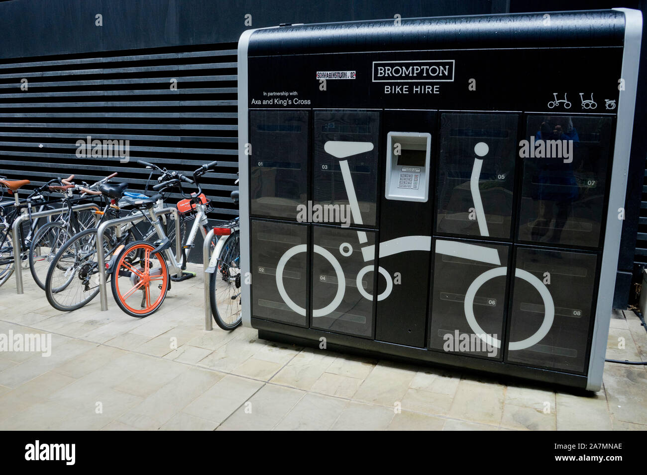 Brompton foldable bicycle hire station in London,England,UK Stock Photo