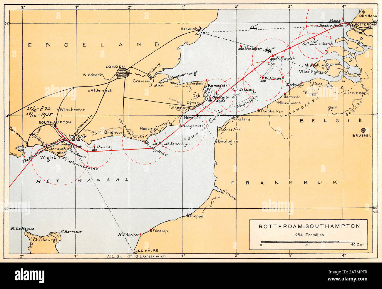 papenburg, germany - 2019.11.03: 1931 historic map / sea chart of the english channel from rotterdamsche lloyd passenger route atlas 1931, g j j de jo Stock Photo