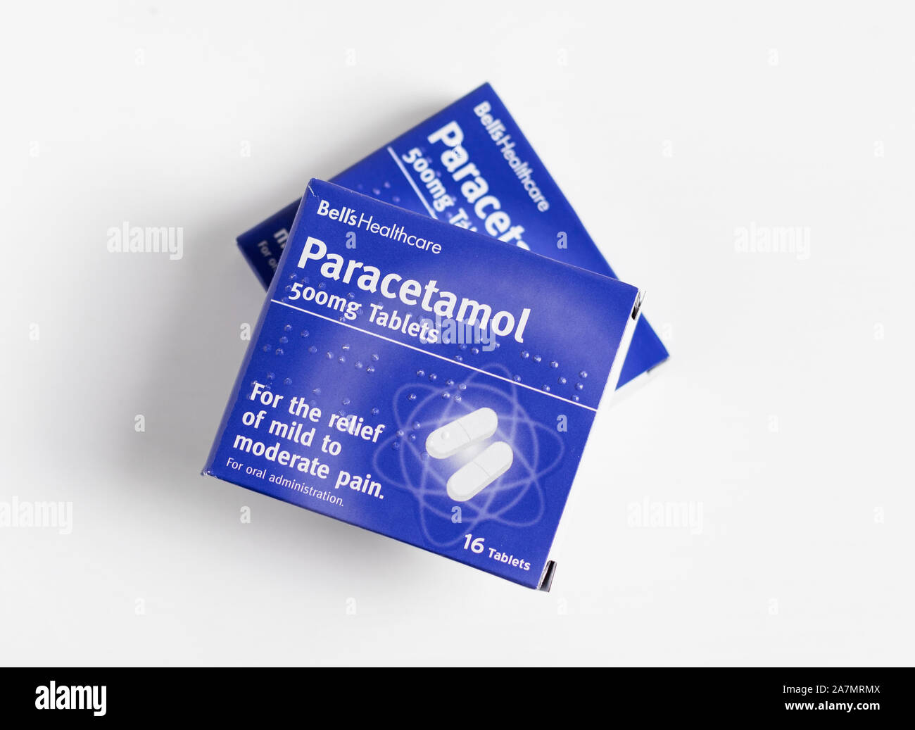 London / UK - October 30th 2019 - Two packets of Paracetamol painkillers from Bell’s Healthcare, closeup with a shallow depth of field Stock Photo